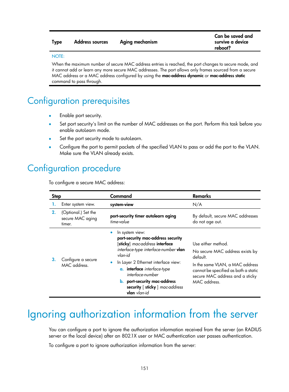 Configuration prerequisites, Configuration procedure, Ignoring authorization information from the server | H3C Technologies H3C S6300 Series Switches User Manual | Page 166 / 413