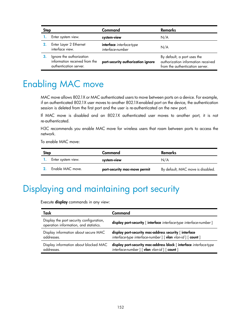 Enabling mac move, Displaying and maintaining port security | H3C Technologies H3C S6300 Series Switches User Manual | Page 167 / 413