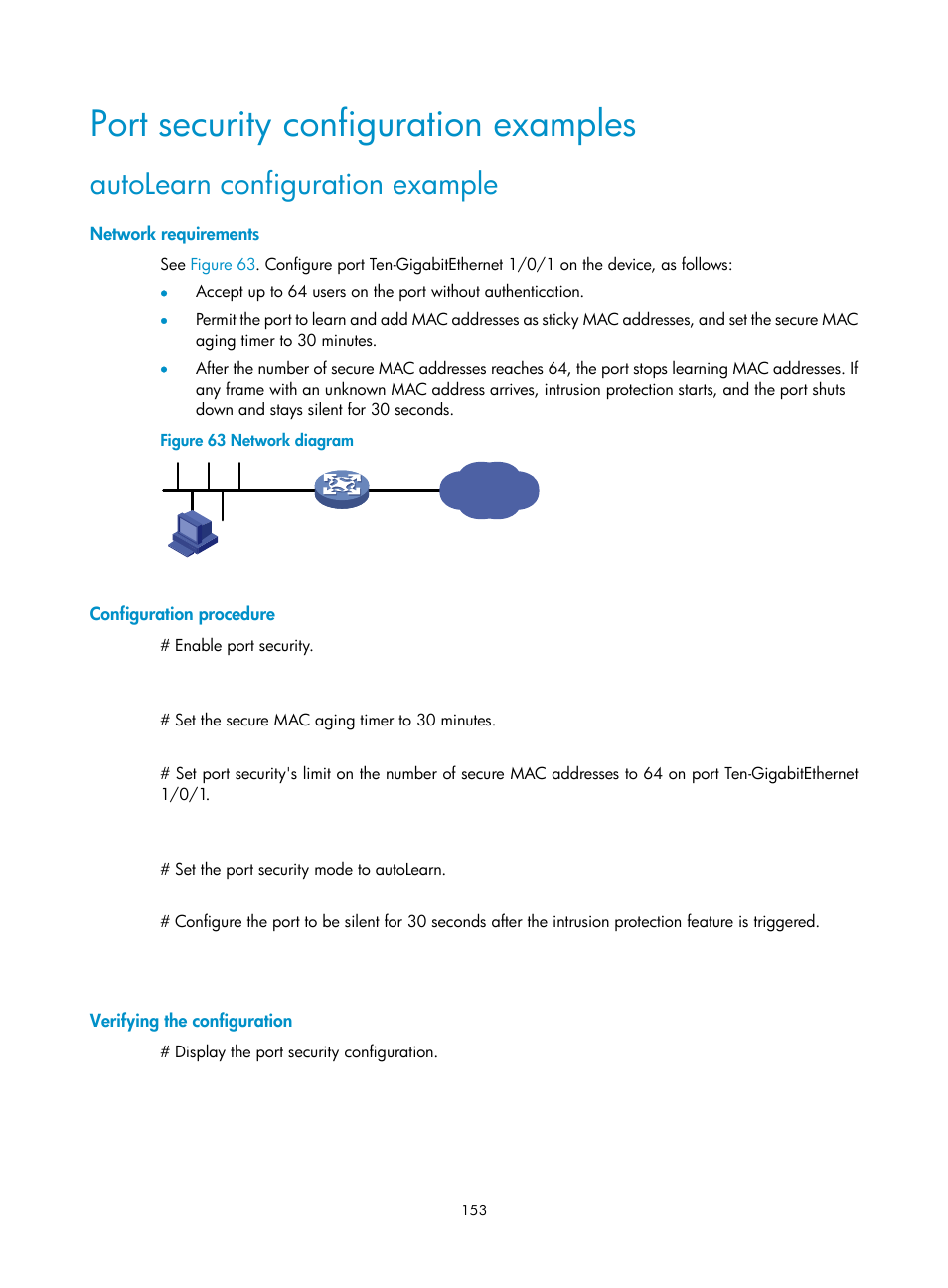 Port security configuration examples, Autolearn configuration example, Network requirements | Configuration procedure, Verifying the configuration | H3C Technologies H3C S6300 Series Switches User Manual | Page 168 / 413