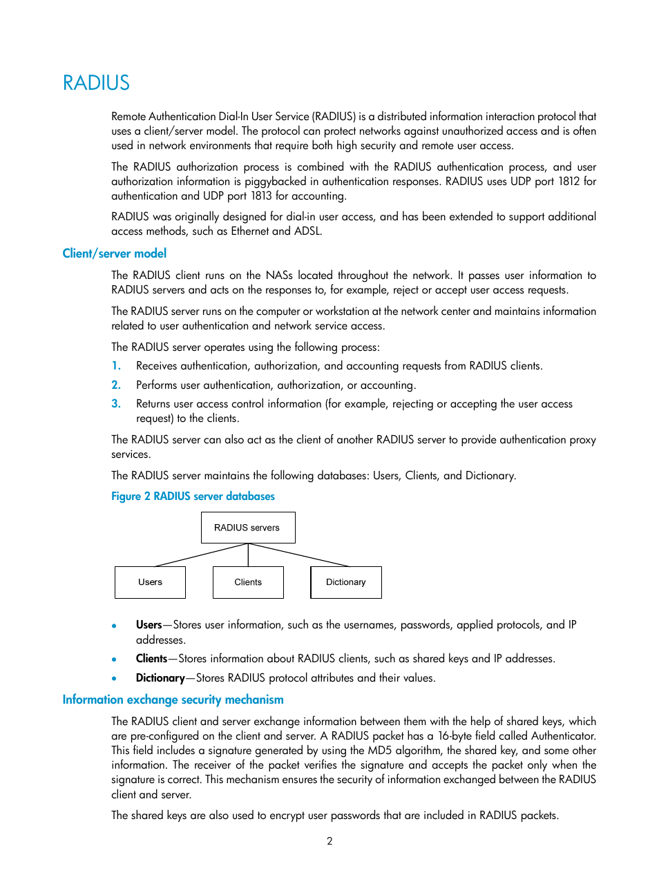 Radius, Client/server model, Information exchange security mechanism | H3C Technologies H3C S6300 Series Switches User Manual | Page 17 / 413