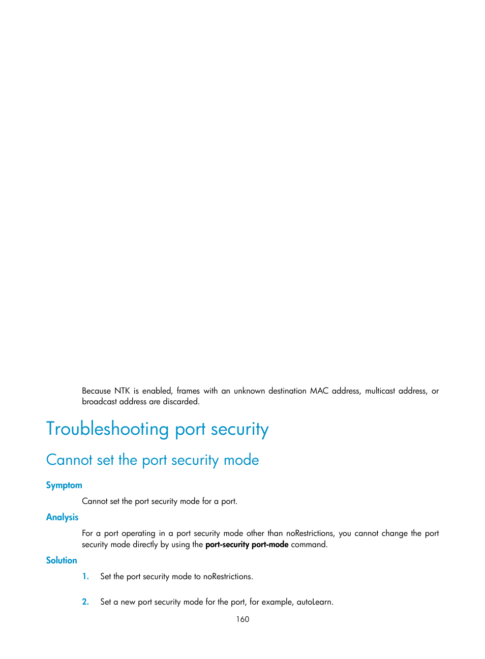 Troubleshooting port security, Cannot set the port security mode, Symptom | Analysis, Solution | H3C Technologies H3C S6300 Series Switches User Manual | Page 175 / 413