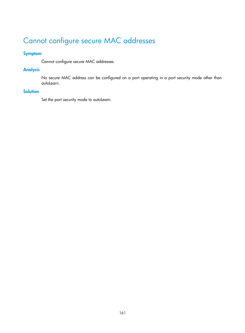 Cannot configure secure mac addresses, Symptom, Analysis | Solution | H3C Technologies H3C S6300 Series Switches User Manual | Page 176 / 413