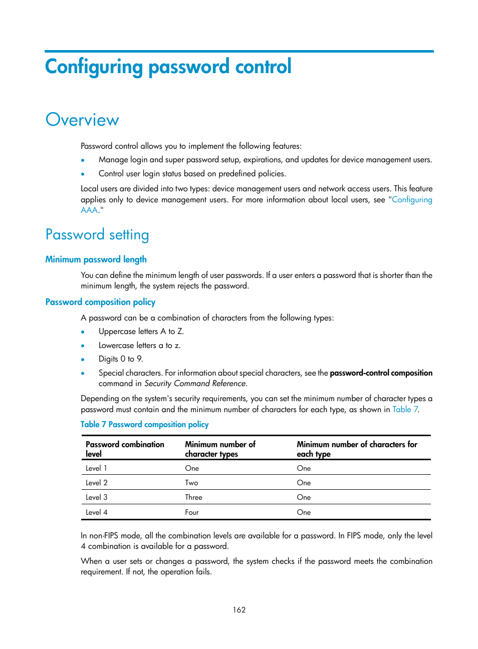 Configuring password control, Overview, Password setting | Minimum password length, Password composition policy, Ation, see, Configuring, Password control, Configuring password, Control | H3C Technologies H3C S6300 Series Switches User Manual | Page 177 / 413