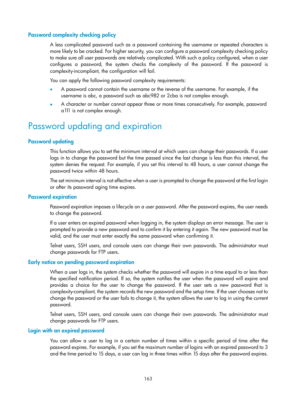 Password complexity checking policy, Password updating and expiration, Password updating | Password expiration, Early notice on pending password expiration, Login with an expired password | H3C Technologies H3C S6300 Series Switches User Manual | Page 178 / 413