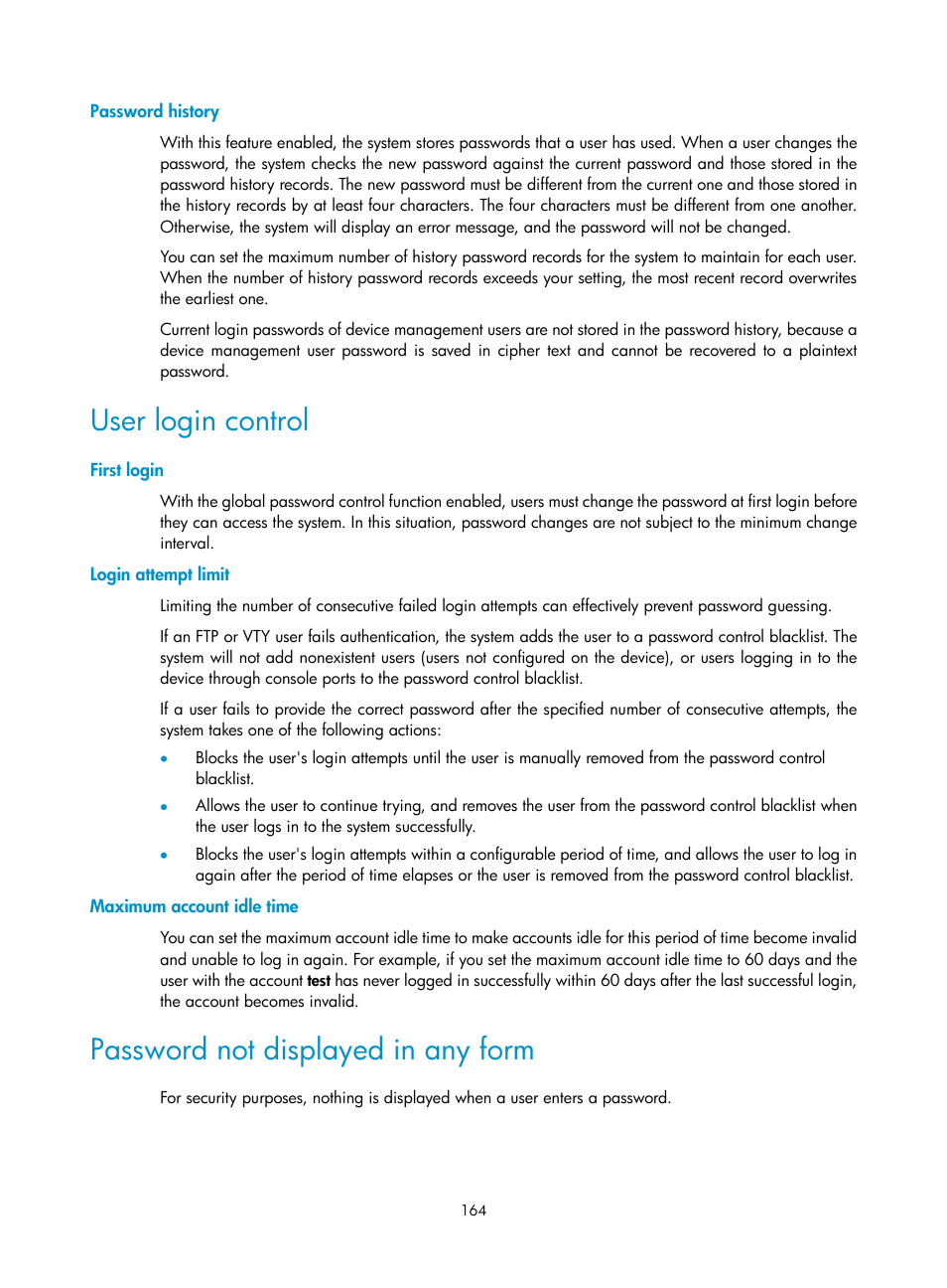 Password history, User login control, First login | Login attempt limit, Maximum account idle time, Password not displayed in any form | H3C Technologies H3C S6300 Series Switches User Manual | Page 179 / 413