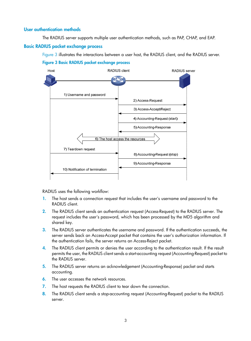 User authentication methods, Basic radius packet exchange process | H3C Technologies H3C S6300 Series Switches User Manual | Page 18 / 413