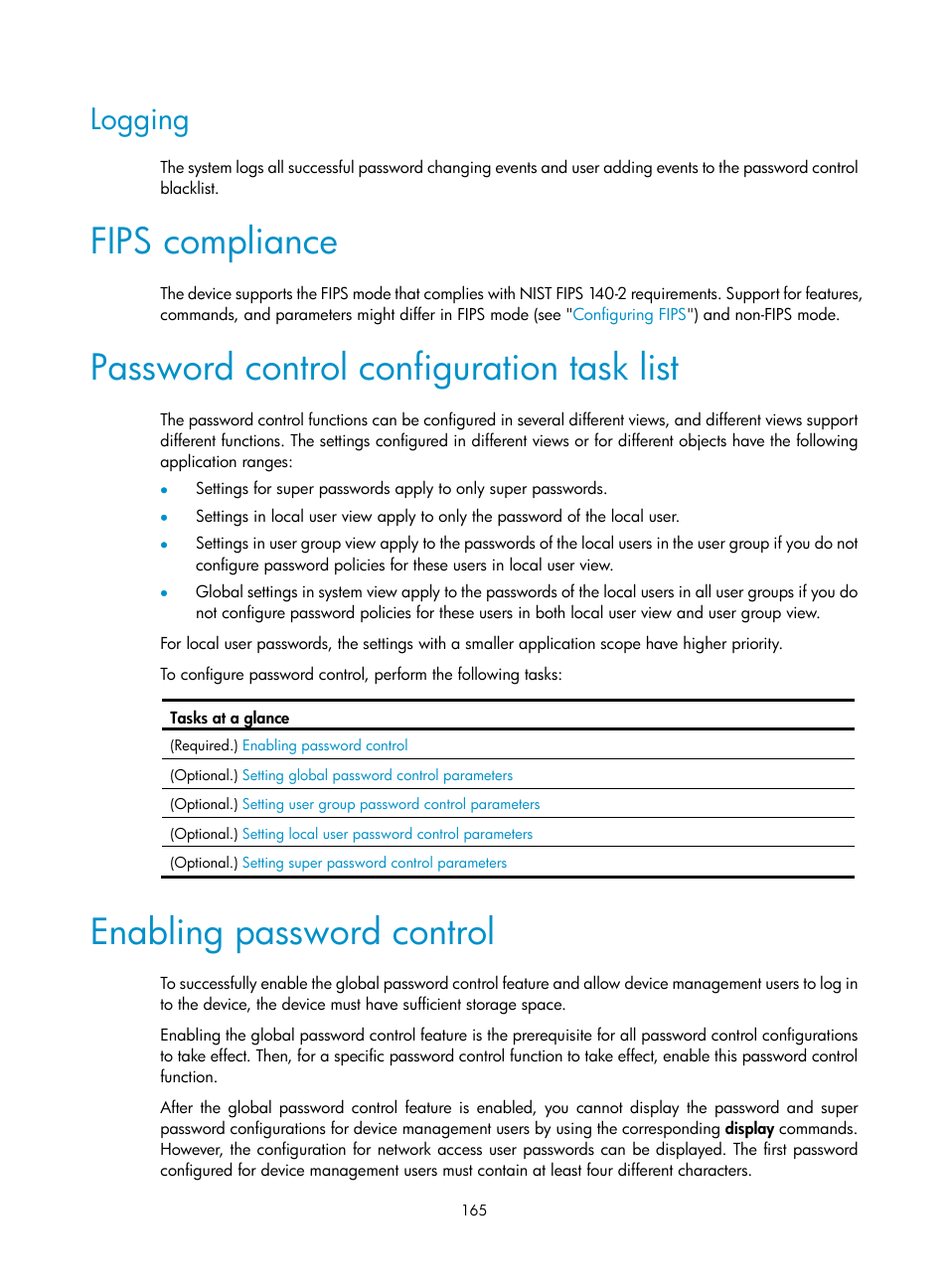 Logging, Fips compliance, Password control configuration task list | Enabling password control | H3C Technologies H3C S6300 Series Switches User Manual | Page 180 / 413