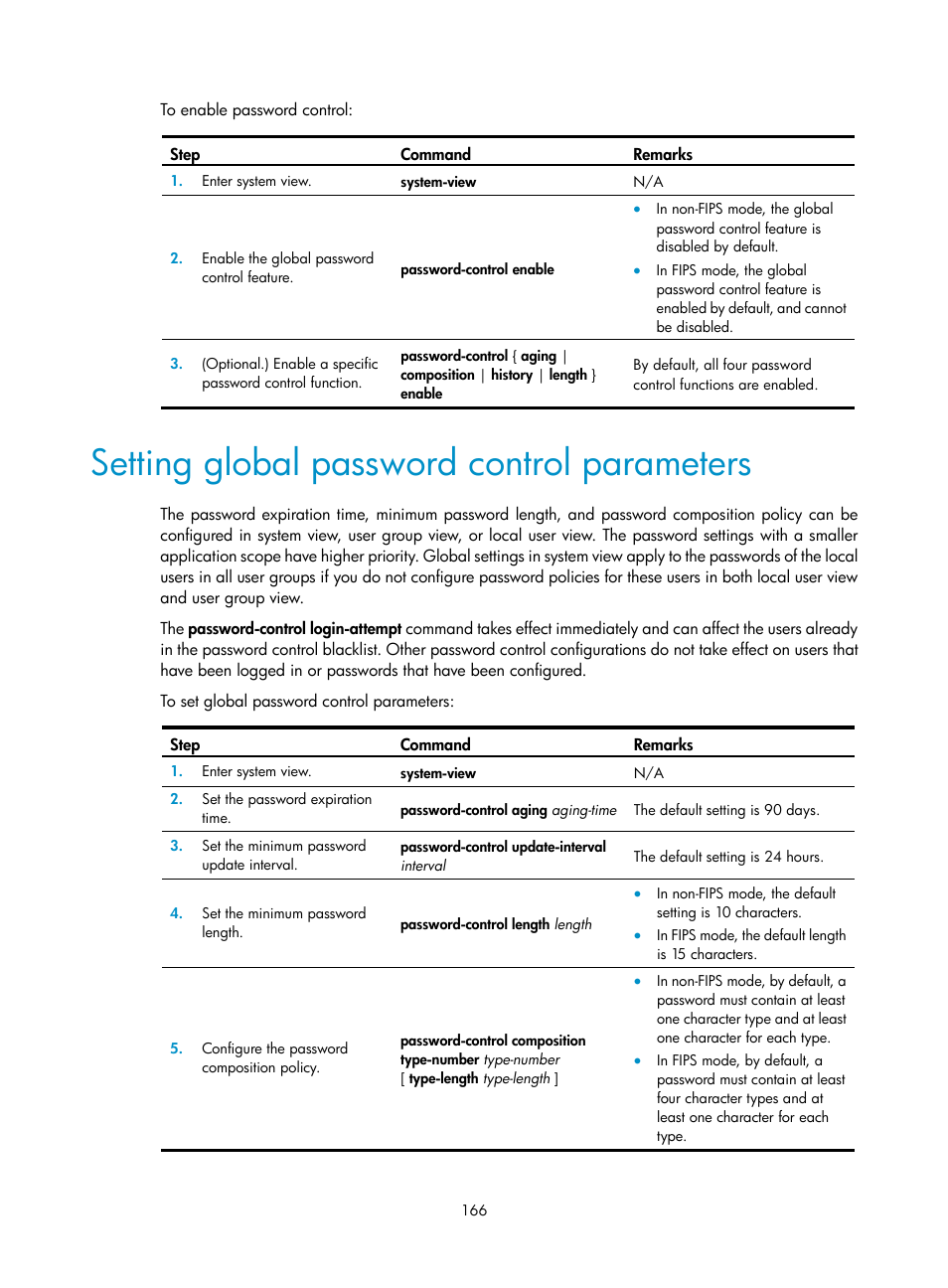 Setting global password control parameters | H3C Technologies H3C S6300 Series Switches User Manual | Page 181 / 413