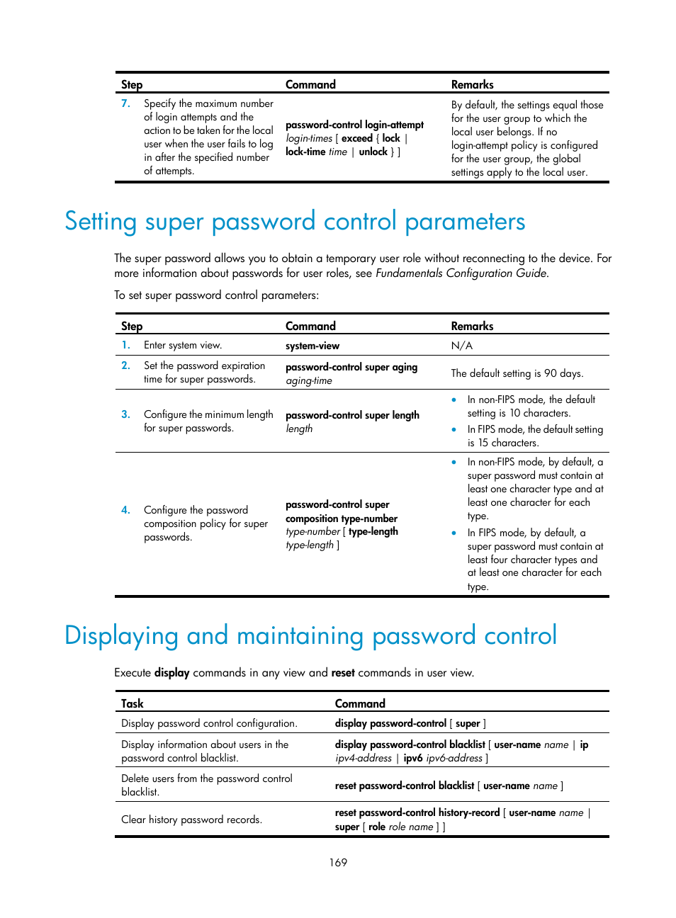 Setting super password control parameters, Displaying and maintaining password control | H3C Technologies H3C S6300 Series Switches User Manual | Page 184 / 413