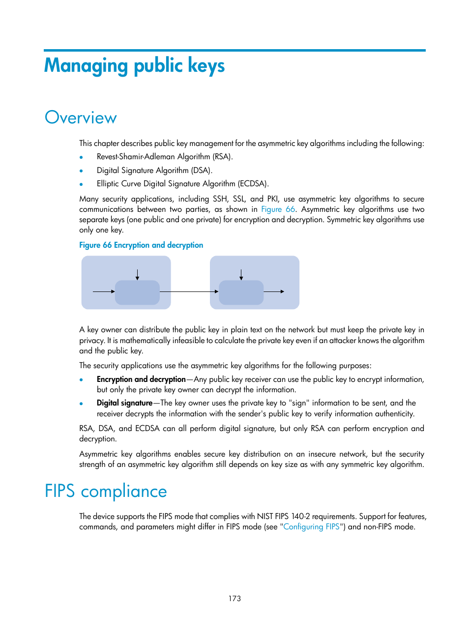 Managing public keys, Overview, Fips compliance | H3C Technologies H3C S6300 Series Switches User Manual | Page 188 / 413