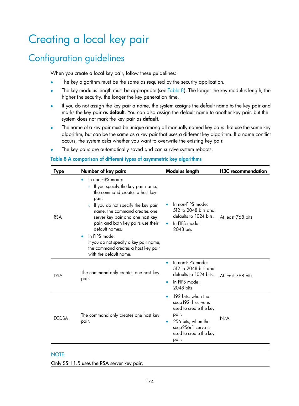 Creating a local key pair, Configuration guidelines | H3C Technologies H3C S6300 Series Switches User Manual | Page 189 / 413