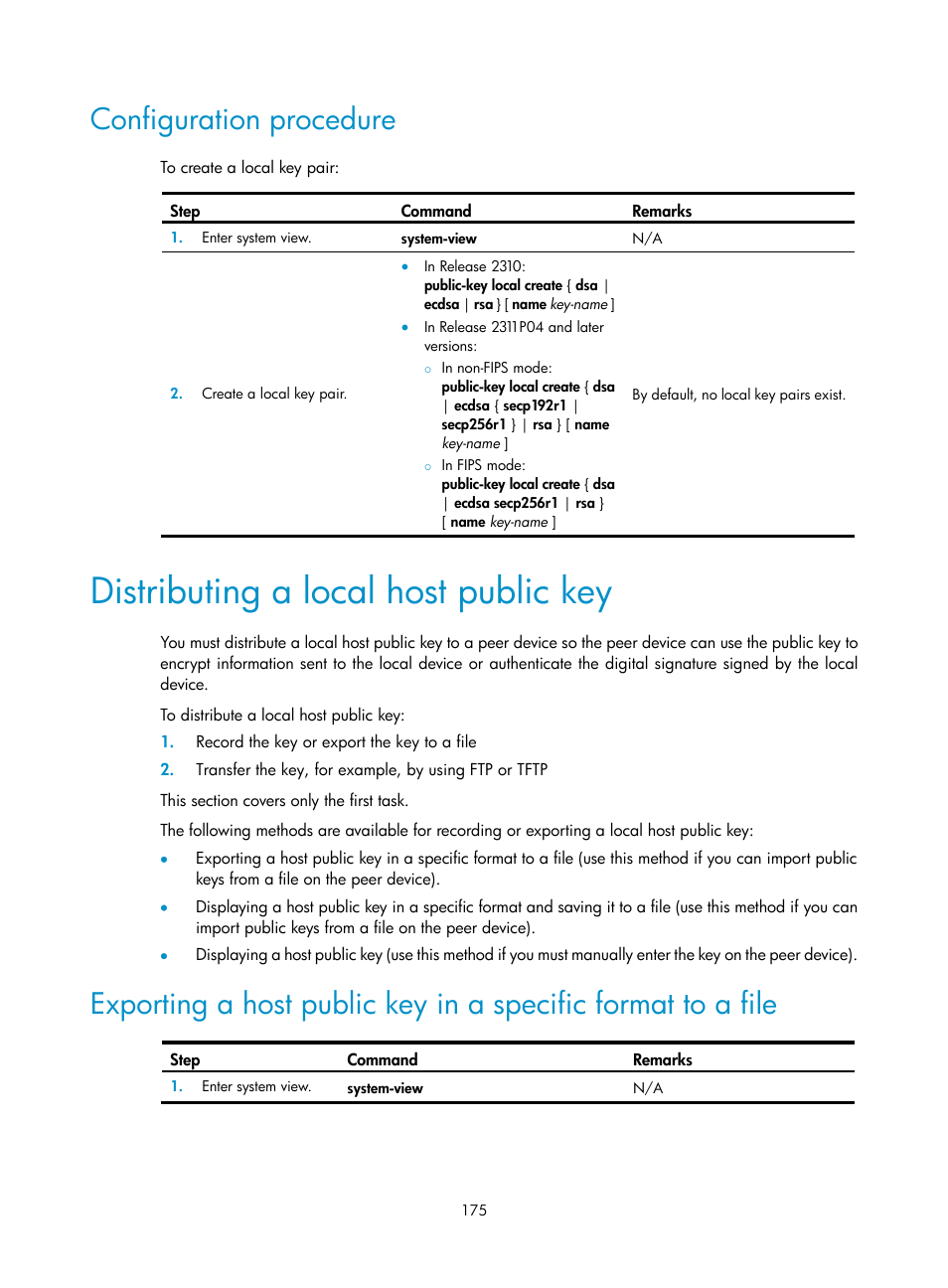 Configuration procedure, Distributing a local host public key | H3C Technologies H3C S6300 Series Switches User Manual | Page 190 / 413