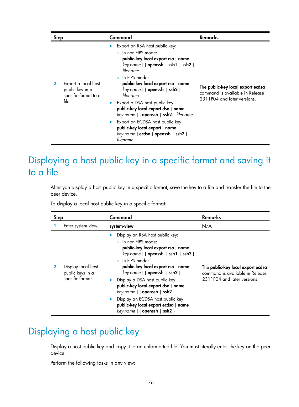 Displaying a host public key | H3C Technologies H3C S6300 Series Switches User Manual | Page 191 / 413