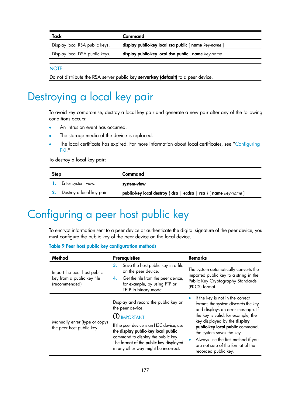 Destroying a local key pair, Configuring a peer host public key | H3C Technologies H3C S6300 Series Switches User Manual | Page 192 / 413