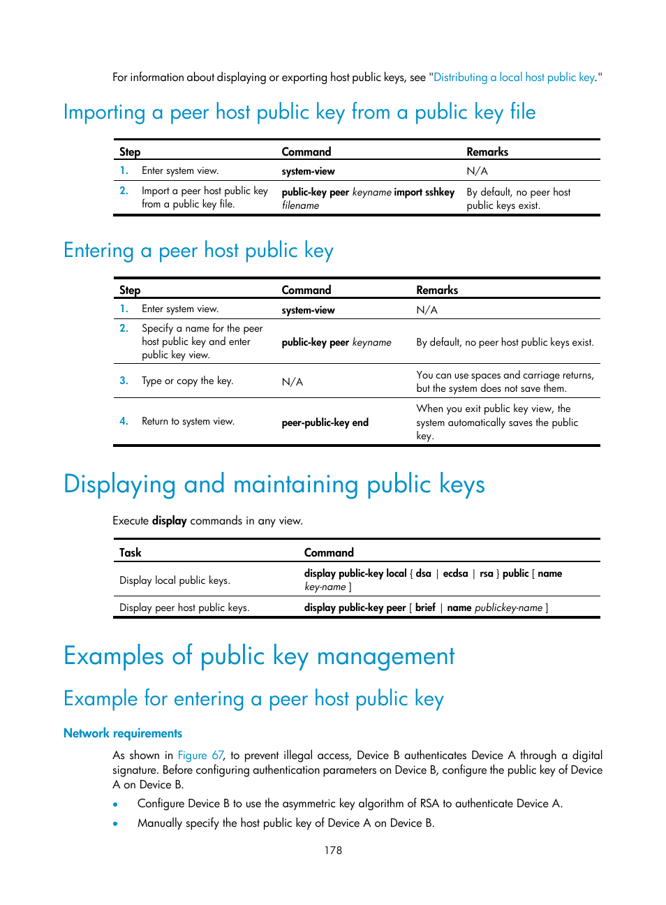 Entering a peer host public key, Displaying and maintaining public keys, Examples of public key management | Example for entering a peer host public key, Network requirements | H3C Technologies H3C S6300 Series Switches User Manual | Page 193 / 413