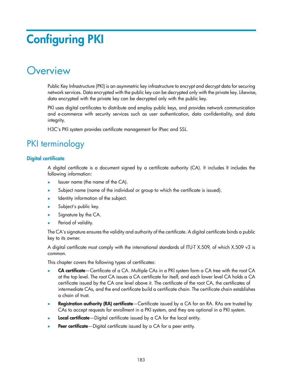 Configuring pki, Overview, Pki terminology | Digital certificate | H3C Technologies H3C S6300 Series Switches User Manual | Page 198 / 413