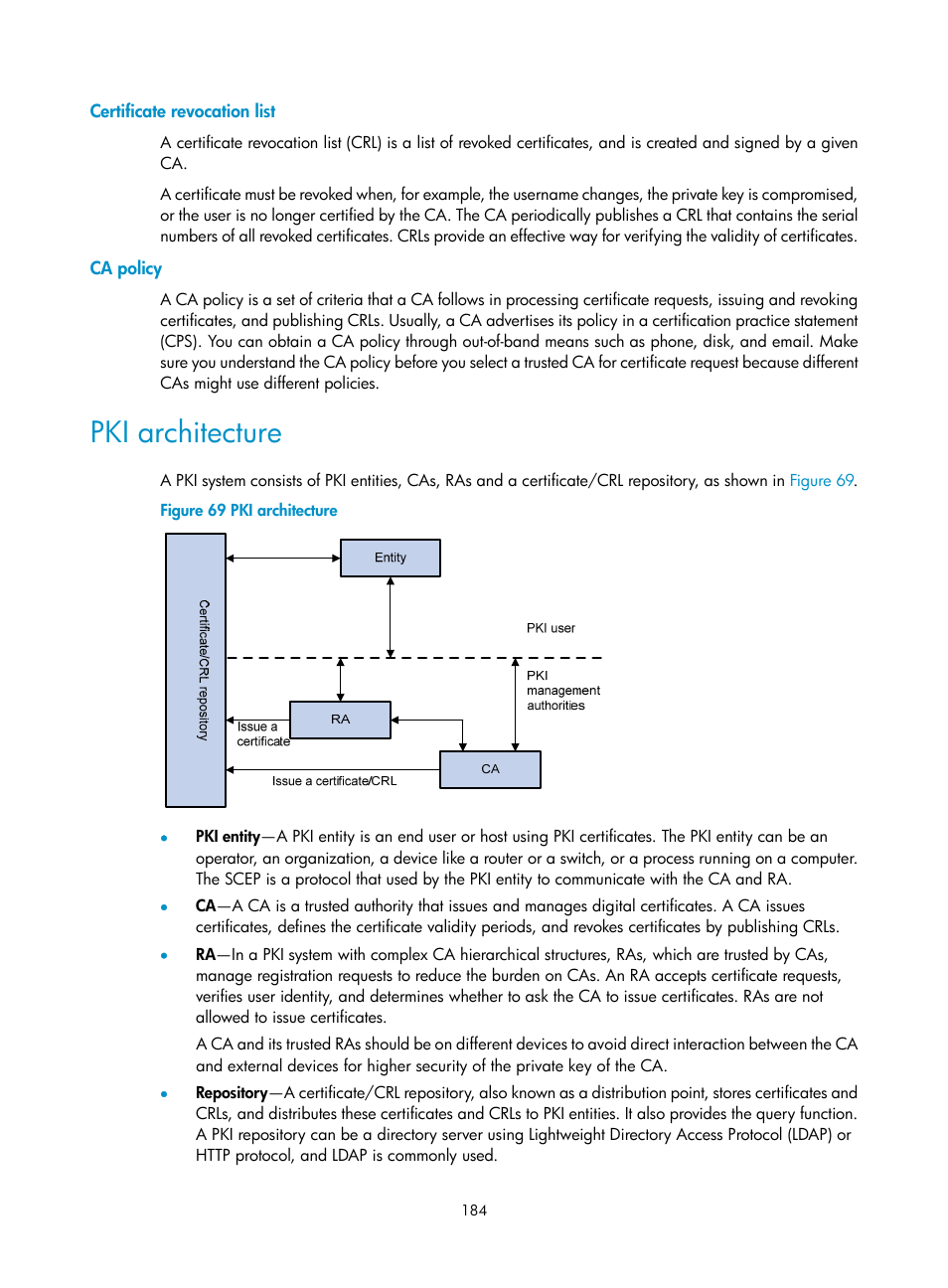 Certificate revocation list, Ca policy, Pki architecture | H3C Technologies H3C S6300 Series Switches User Manual | Page 199 / 413