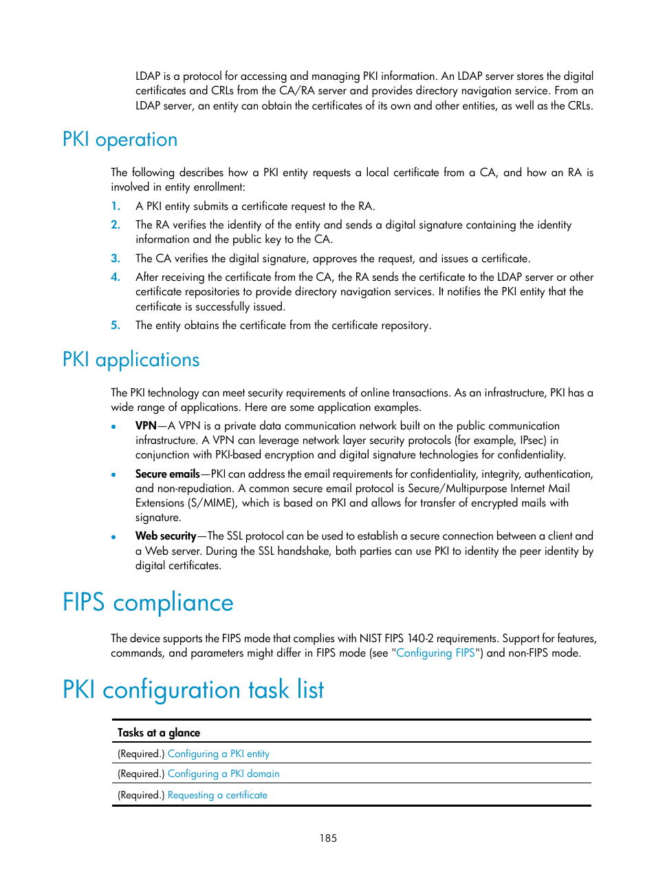 Pki operation, Pki applications, Fips compliance | Pki configuration task list | H3C Technologies H3C S6300 Series Switches User Manual | Page 200 / 413