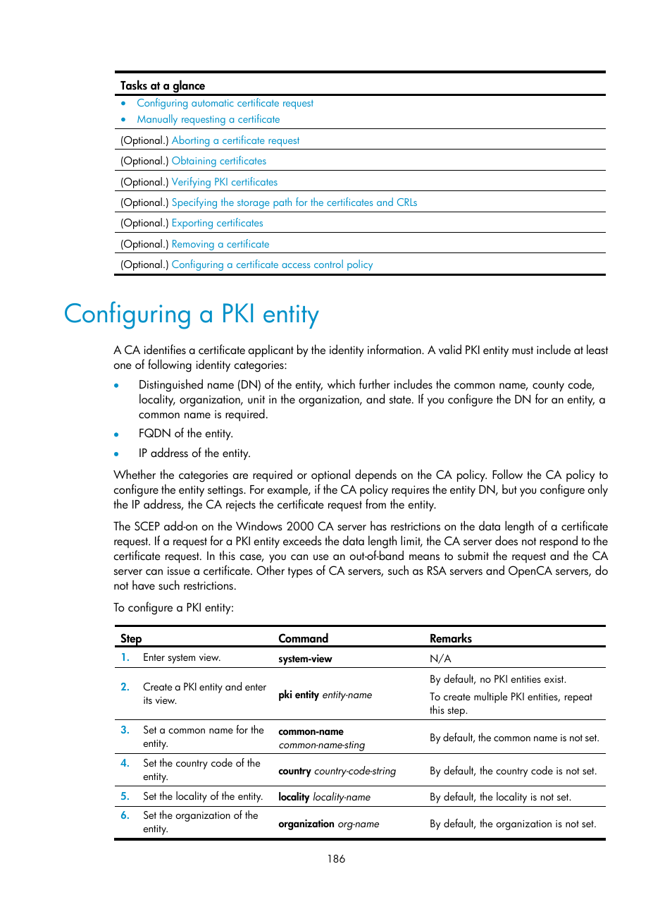 Configuring a pki entity, Required.) | H3C Technologies H3C S6300 Series Switches User Manual | Page 201 / 413