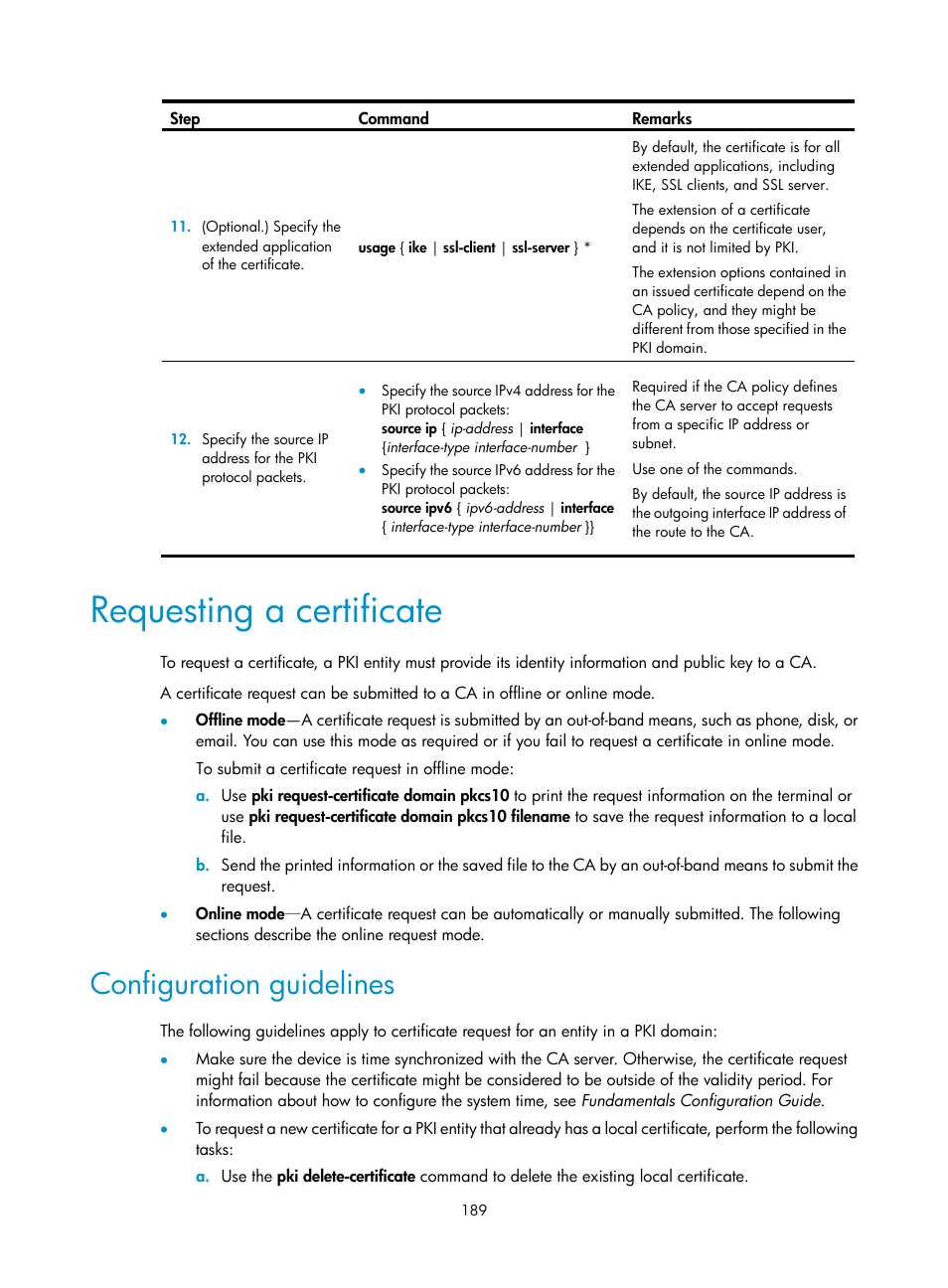 Requesting a certificate, Configuration guidelines, Required.) | H3C Technologies H3C S6300 Series Switches User Manual | Page 204 / 413