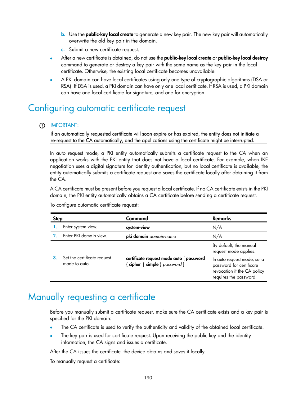 Configuring automatic certificate request, Manually requesting a certificate | H3C Technologies H3C S6300 Series Switches User Manual | Page 205 / 413