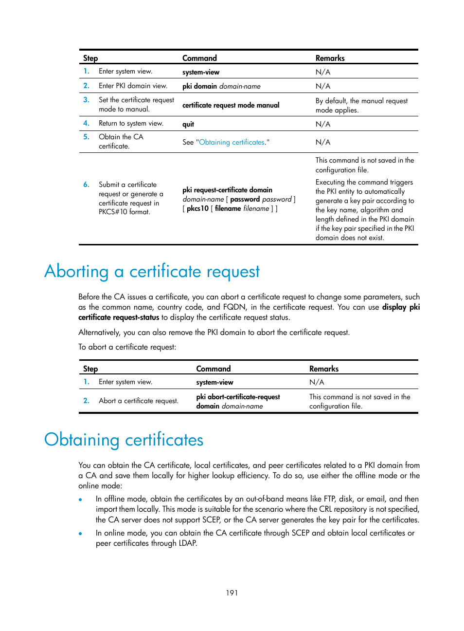 Aborting a certificate request, Obtaining certificates | H3C Technologies H3C S6300 Series Switches User Manual | Page 206 / 413