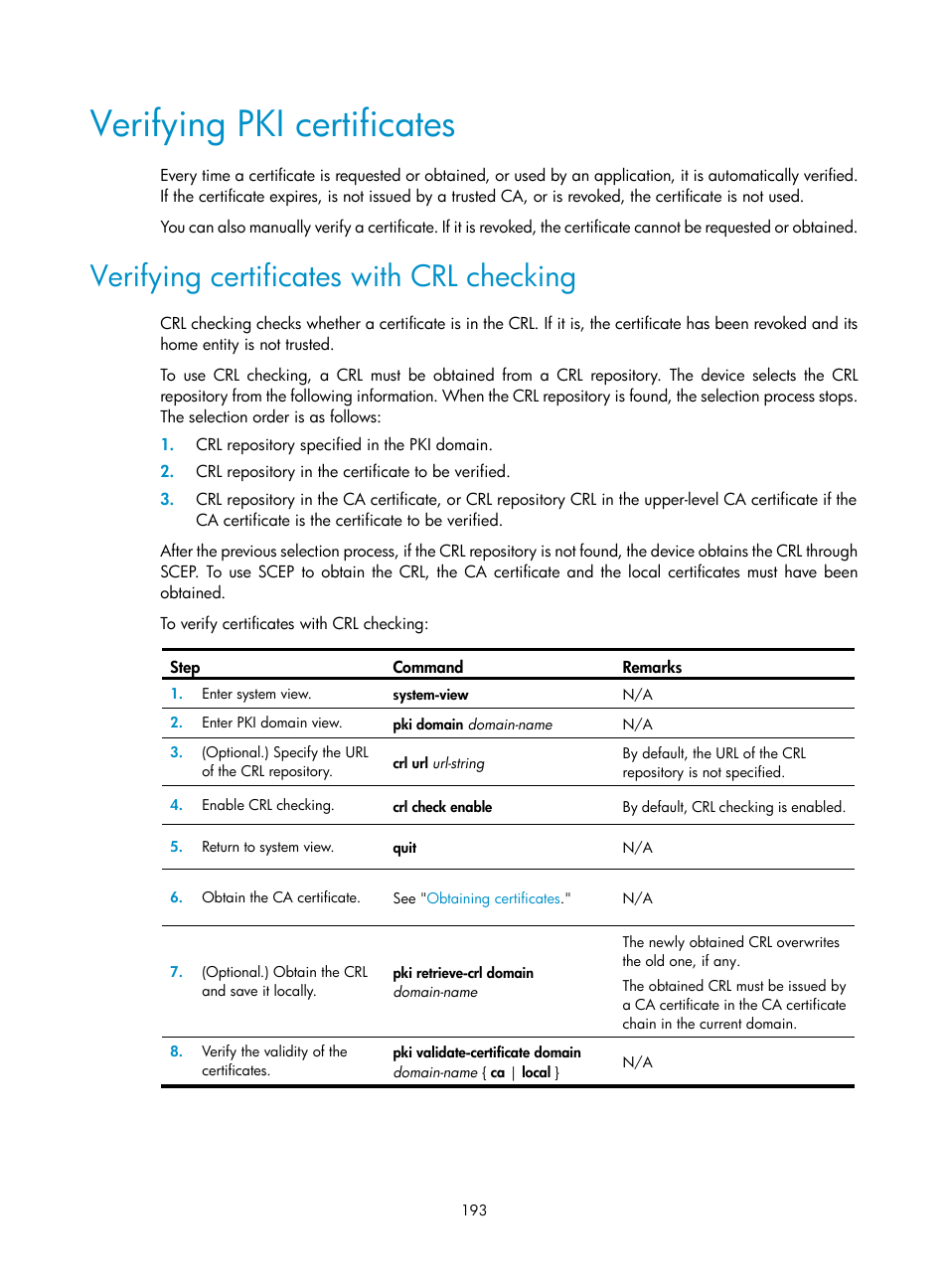 Verifying pki certificates, Verifying certificates with crl checking | H3C Technologies H3C S6300 Series Switches User Manual | Page 208 / 413