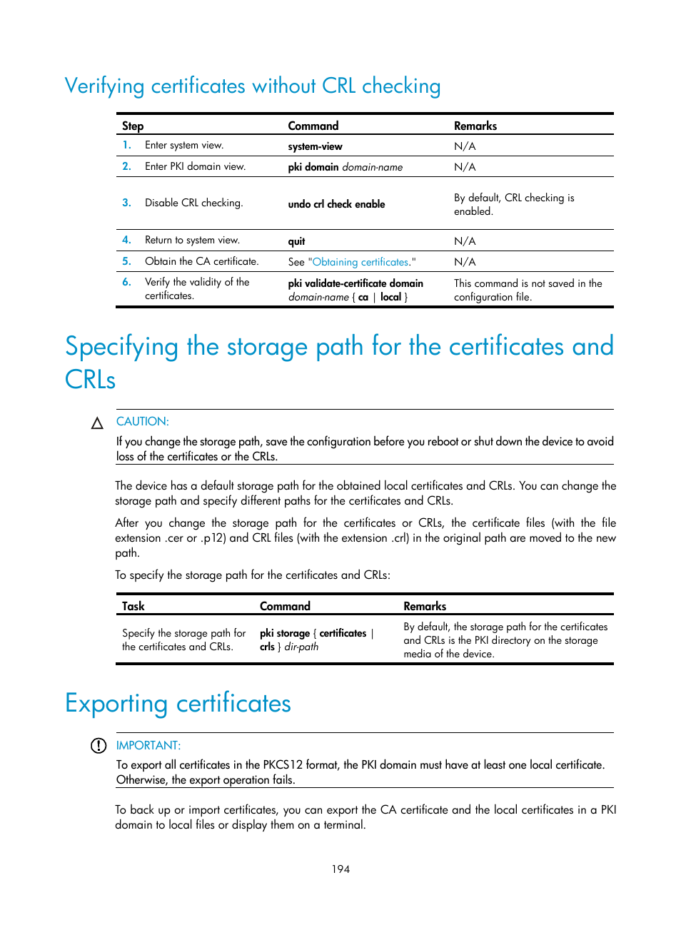 Verifying certificates without crl checking, Exporting certificates | H3C Technologies H3C S6300 Series Switches User Manual | Page 209 / 413