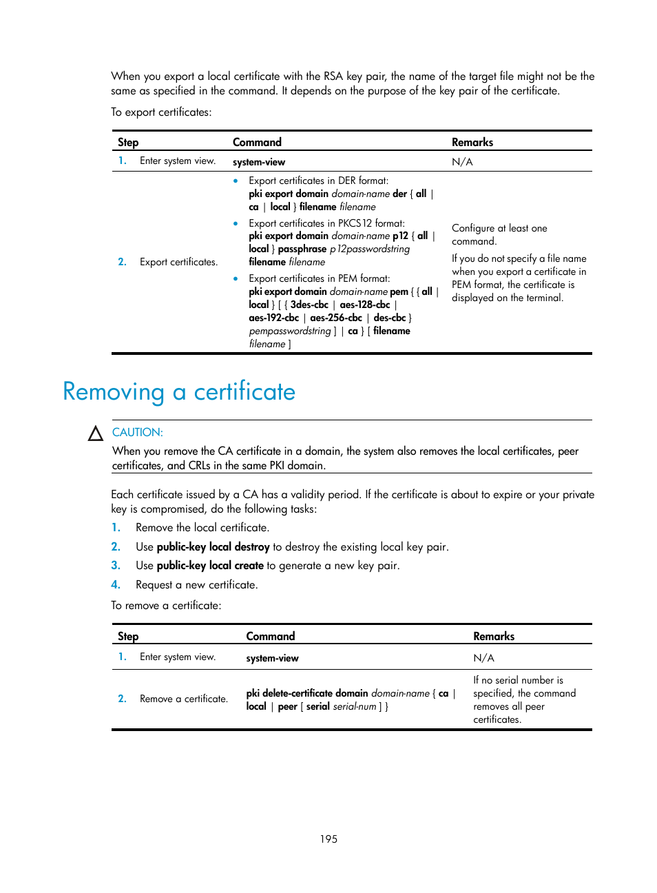 Removing a certificate | H3C Technologies H3C S6300 Series Switches User Manual | Page 210 / 413