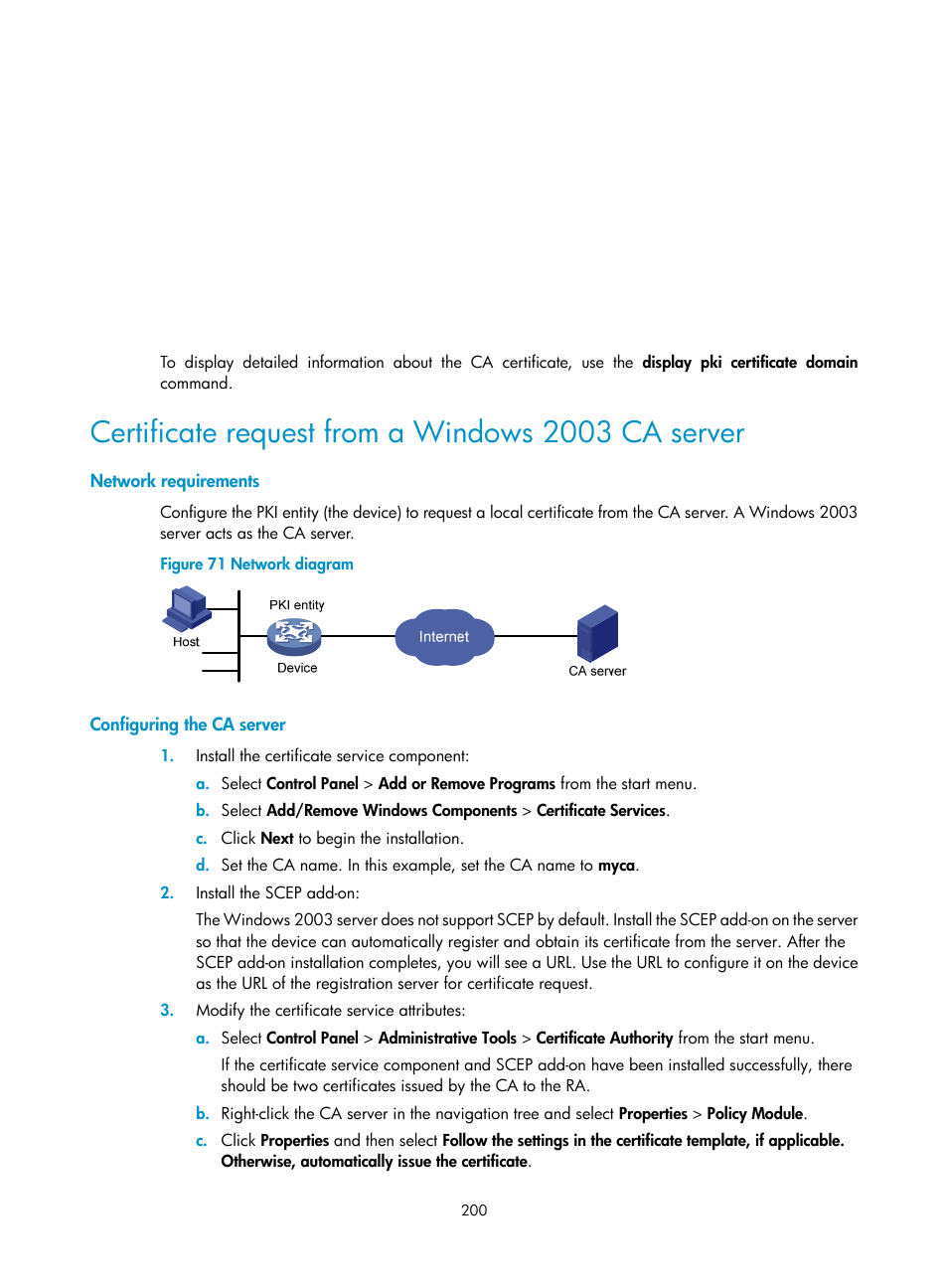 Certificate request from a windows 2003 ca server, Network requirements, Configuring the ca server | H3C Technologies H3C S6300 Series Switches User Manual | Page 215 / 413