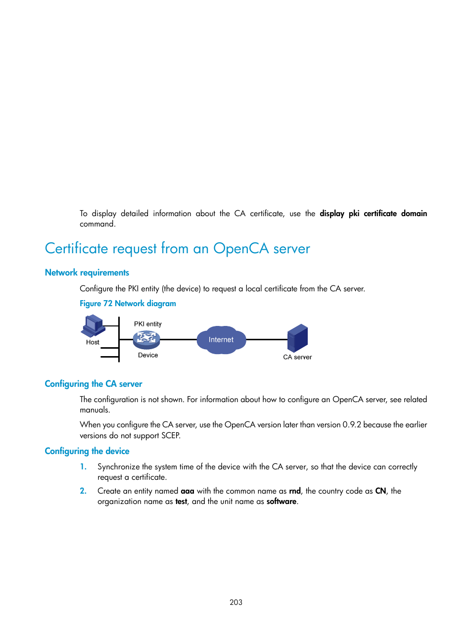 Certificate request from an openca server, Network requirements, Configuring the ca server | Configuring the device | H3C Technologies H3C S6300 Series Switches User Manual | Page 218 / 413