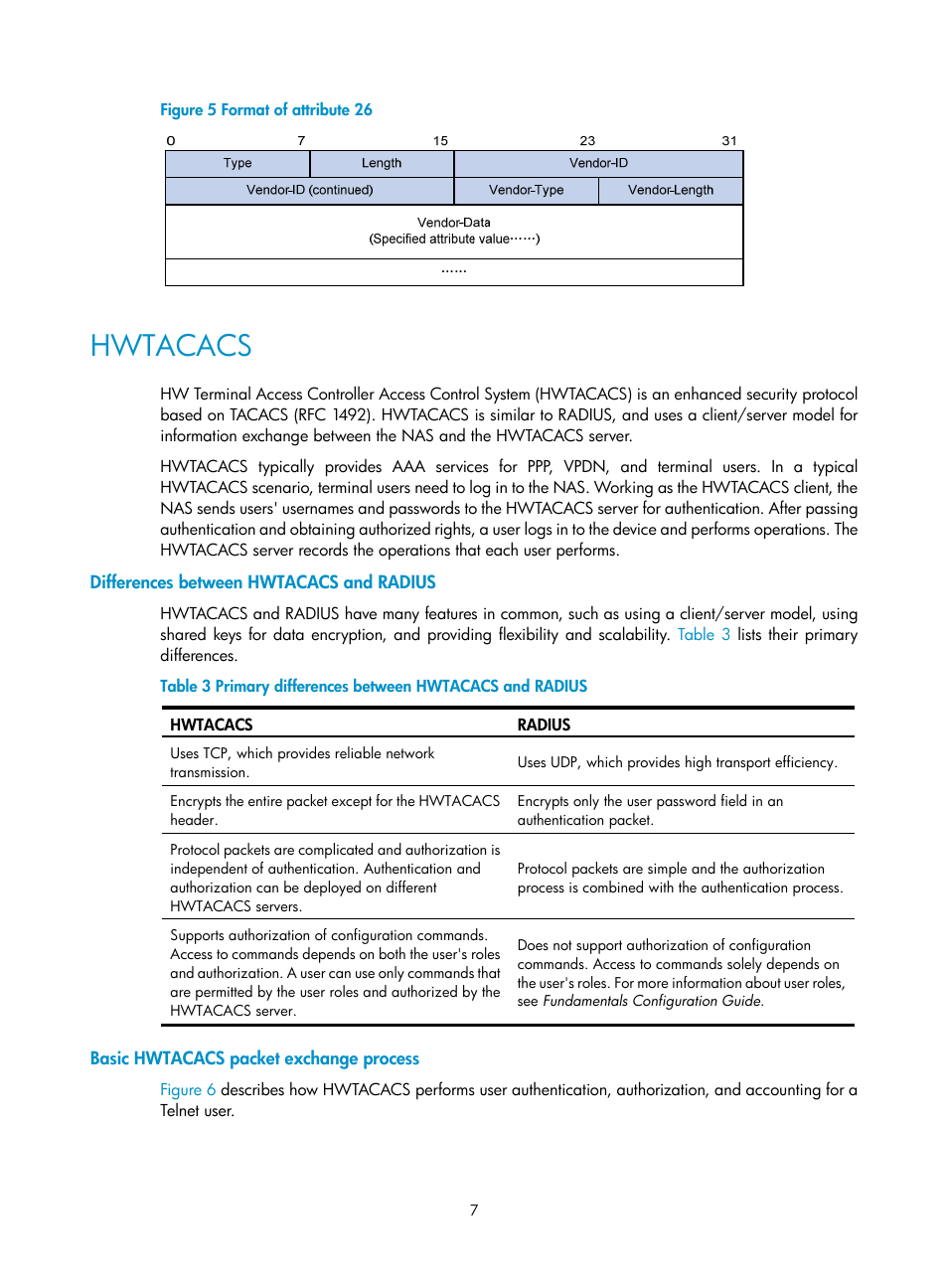 Hwtacacs, Differences between hwtacacs and radius, Basic hwtacacs packet exchange process | N in, Figure 5 | H3C Technologies H3C S6300 Series Switches User Manual | Page 22 / 413