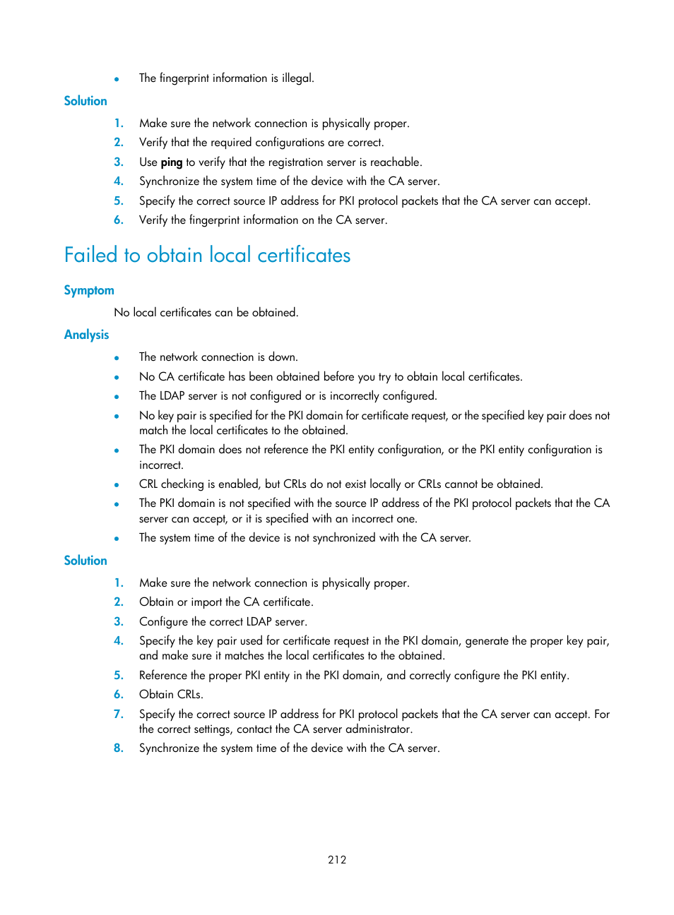 Solution, Failed to obtain local certificates, Symptom | Analysis | H3C Technologies H3C S6300 Series Switches User Manual | Page 227 / 413