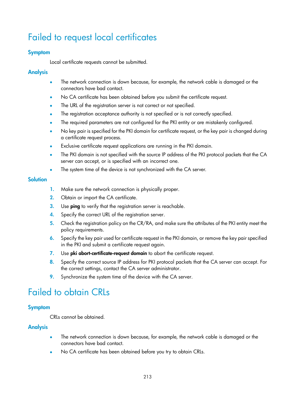 Failed to request local certificates, Symptom, Analysis | Solution, Failed to obtain crls | H3C Technologies H3C S6300 Series Switches User Manual | Page 228 / 413