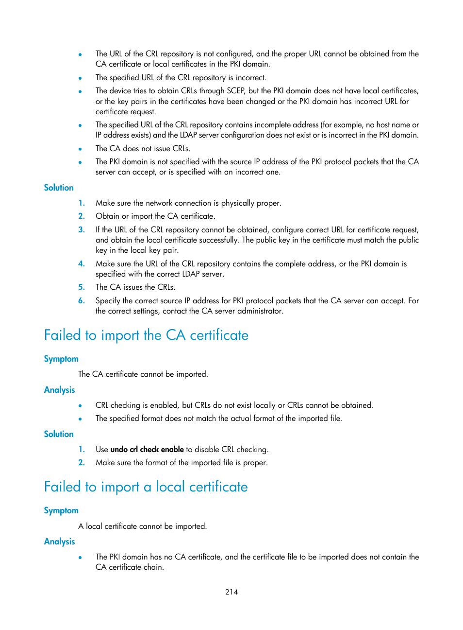 Solution, Failed to import the ca certificate, Symptom | Analysis, Failed to import a local certificate | H3C Technologies H3C S6300 Series Switches User Manual | Page 229 / 413