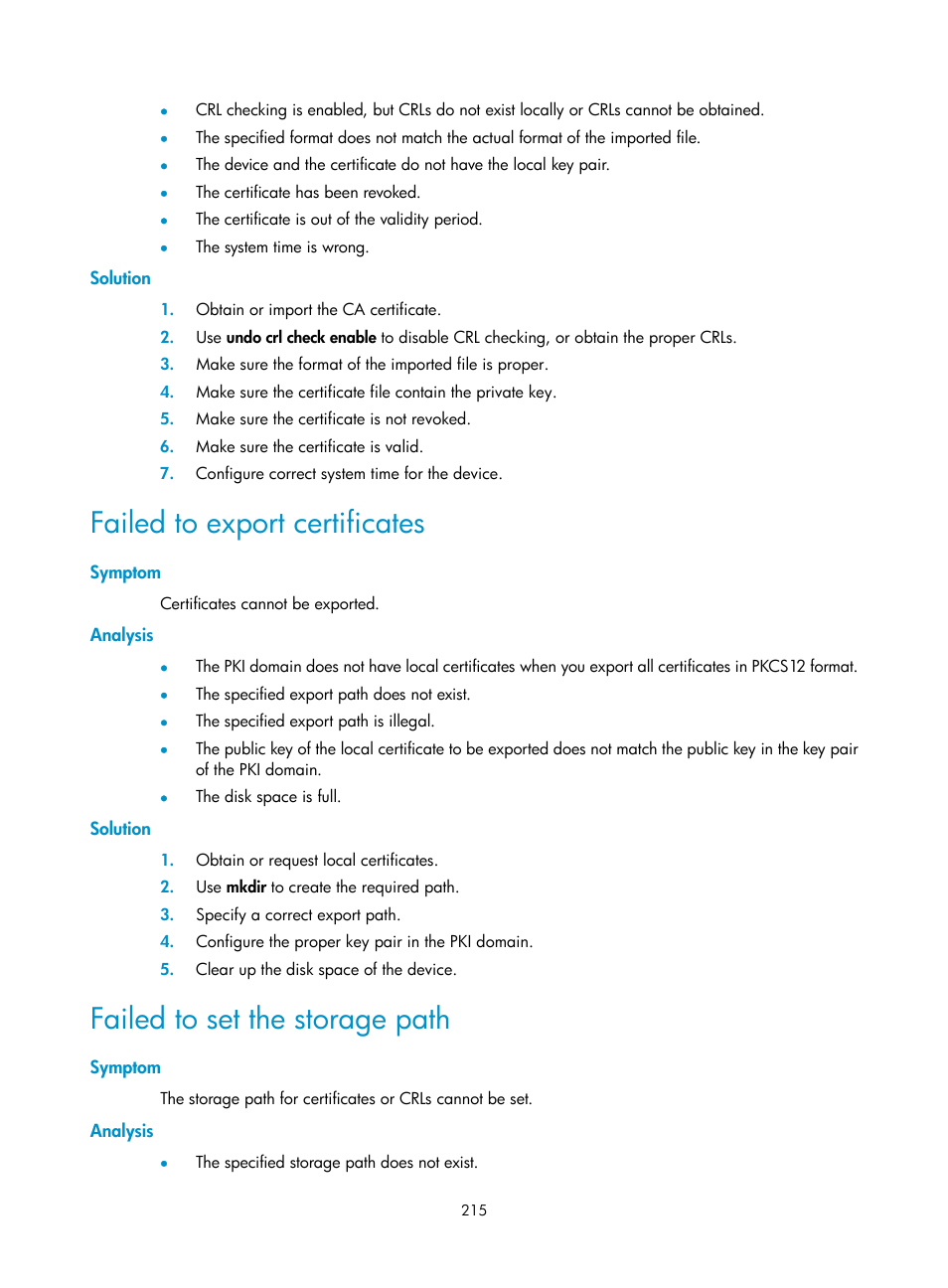 Solution, Failed to export certificates, Symptom | Analysis, Failed to set the storage path | H3C Technologies H3C S6300 Series Switches User Manual | Page 230 / 413