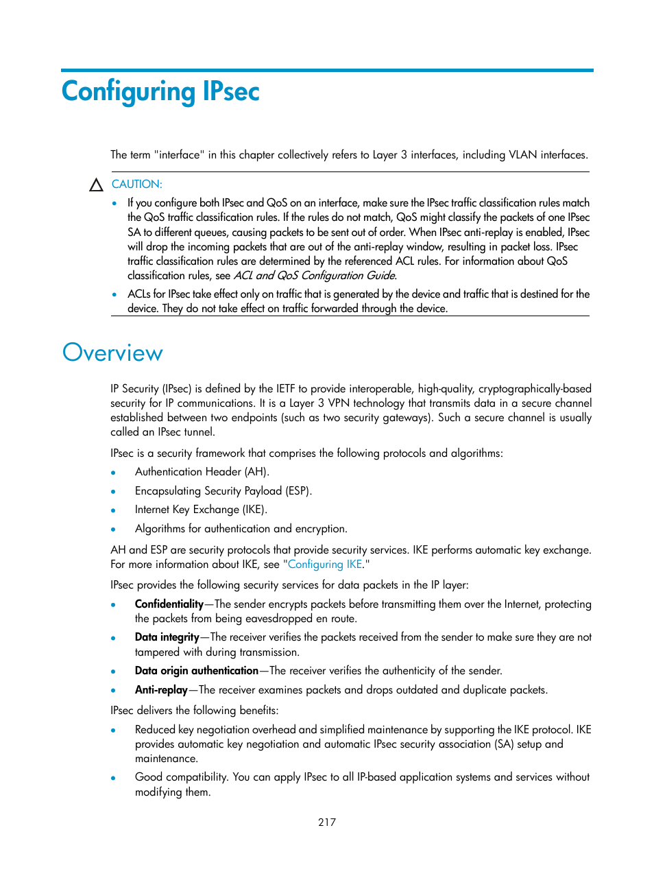 Configuring ipsec, Overview | H3C Technologies H3C S6300 Series Switches User Manual | Page 232 / 413