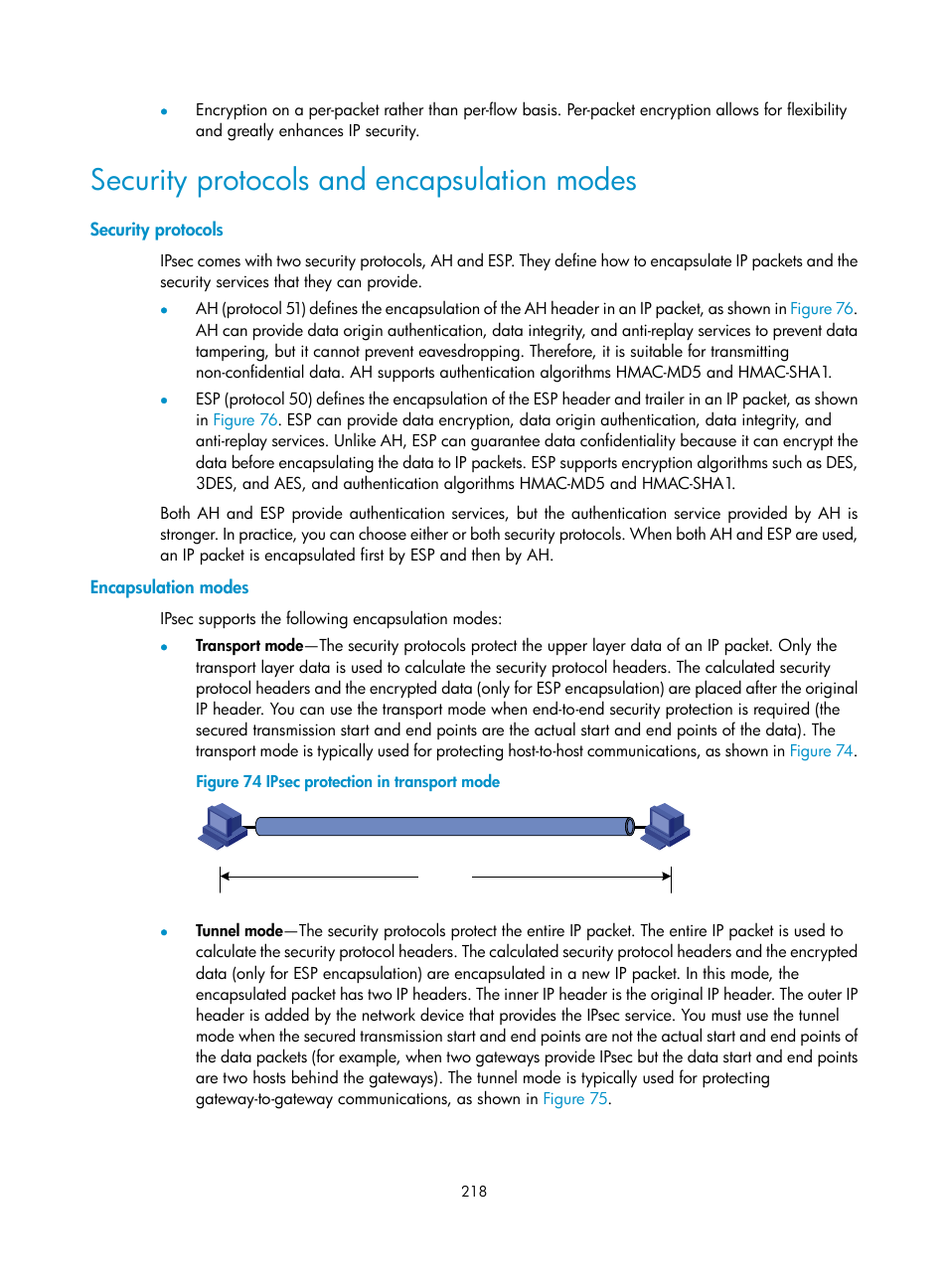 Security protocols and encapsulation modes, Security protocols, Encapsulation modes | H3C Technologies H3C S6300 Series Switches User Manual | Page 233 / 413