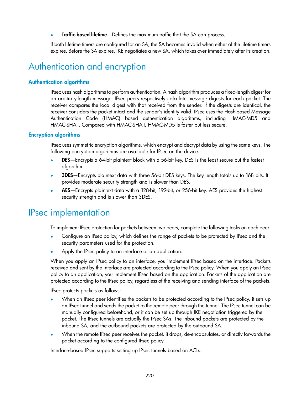 Authentication and encryption, Authentication algorithms, Encryption algorithms | Ipsec implementation | H3C Technologies H3C S6300 Series Switches User Manual | Page 235 / 413