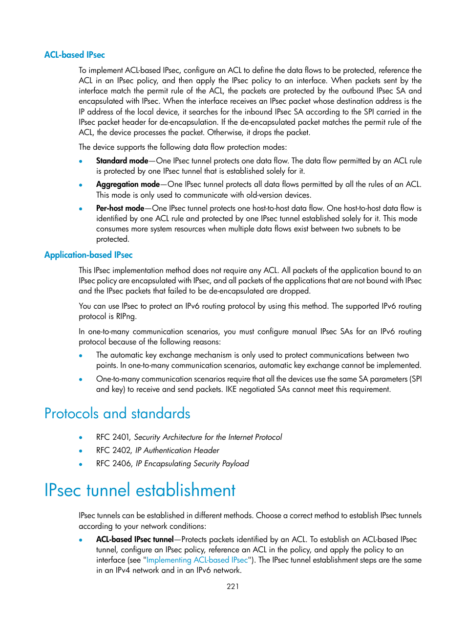 Acl-based ipsec, Application-based ipsec, Protocols and standards | Ipsec tunnel establishment | H3C Technologies H3C S6300 Series Switches User Manual | Page 236 / 413