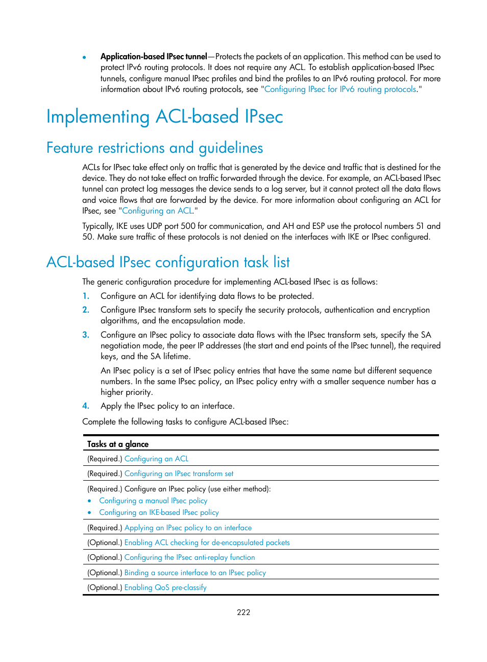 Implementing acl-based ipsec, Feature restrictions and guidelines, Acl-based ipsec configuration task list | H3C Technologies H3C S6300 Series Switches User Manual | Page 237 / 413