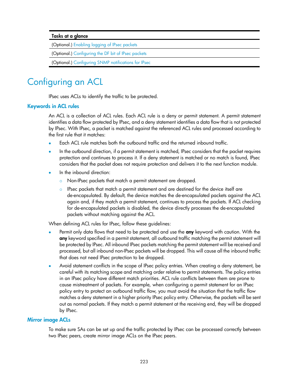 Configuring an acl, Keywords in acl rules, Mirror image acls | Required.) | H3C Technologies H3C S6300 Series Switches User Manual | Page 238 / 413