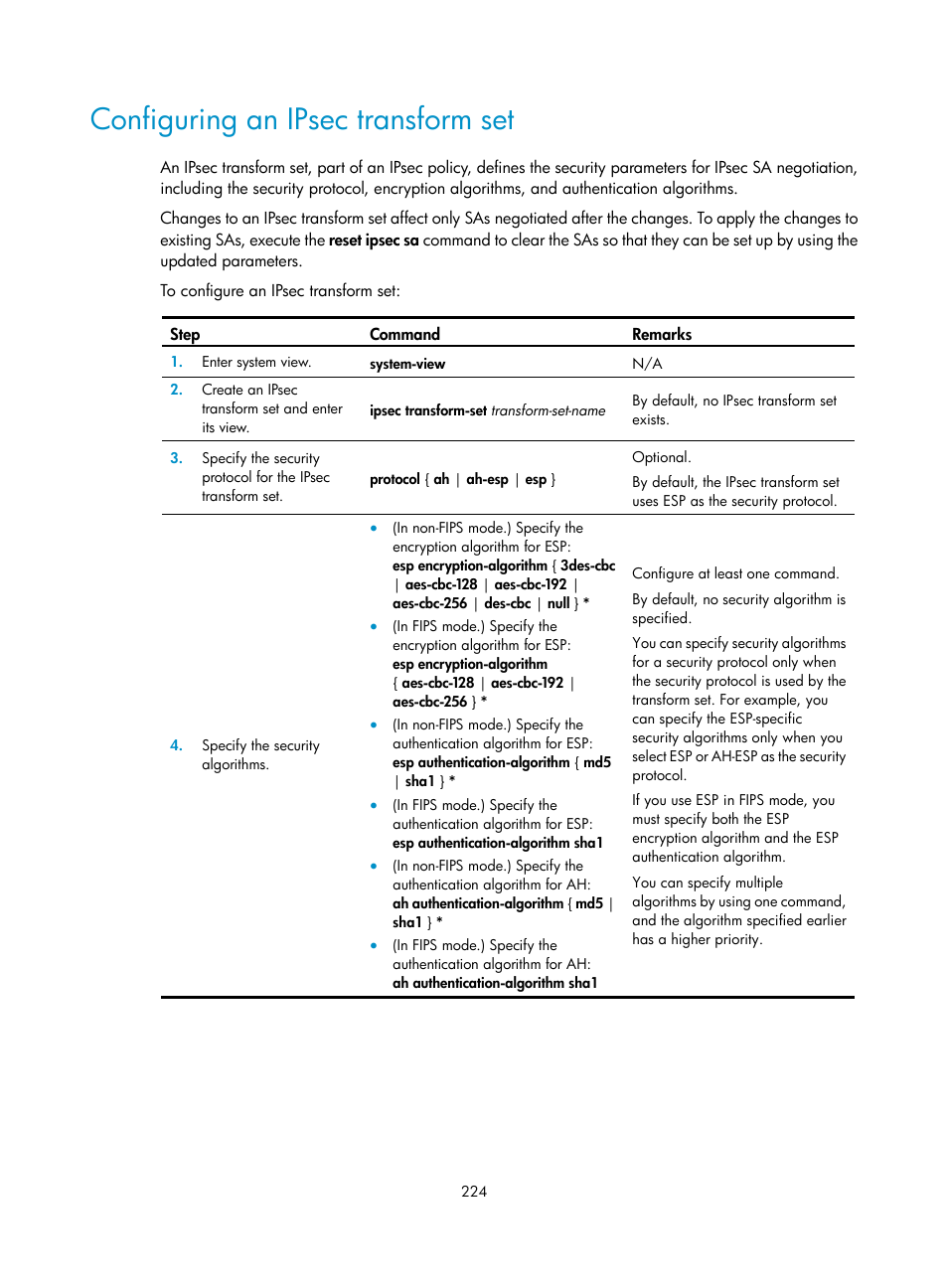 Configuring an ipsec transform set, Required.) | H3C Technologies H3C S6300 Series Switches User Manual | Page 239 / 413