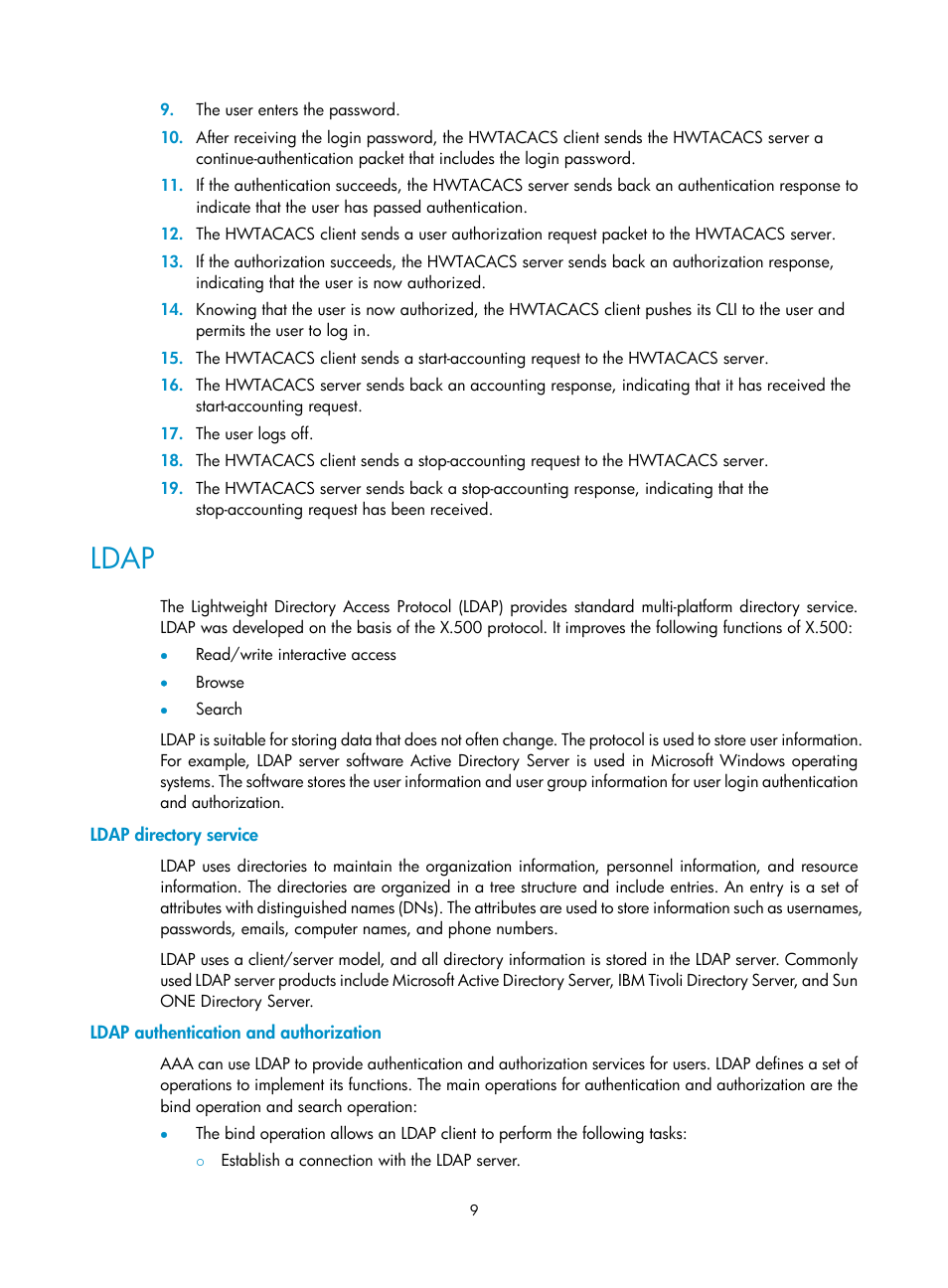 Ldap, Ldap directory service, Ldap authentication and authorization | H3C Technologies H3C S6300 Series Switches User Manual | Page 24 / 413