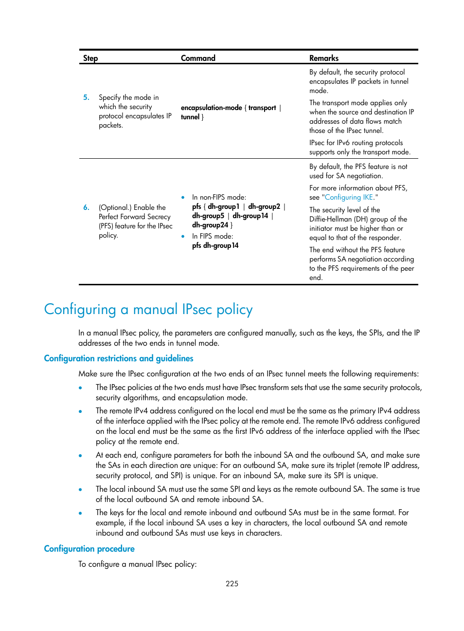 Configuring a manual ipsec policy, Configuration restrictions and guidelines, Configuration procedure | H3C Technologies H3C S6300 Series Switches User Manual | Page 240 / 413