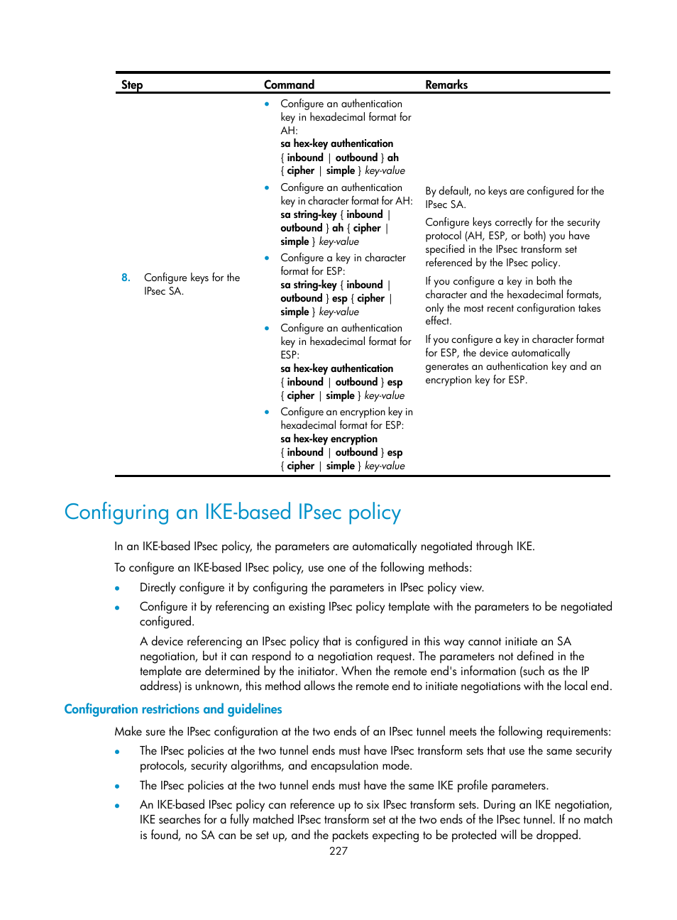 Configuring an ike-based ipsec policy, Configuration restrictions and guidelines | H3C Technologies H3C S6300 Series Switches User Manual | Page 242 / 413