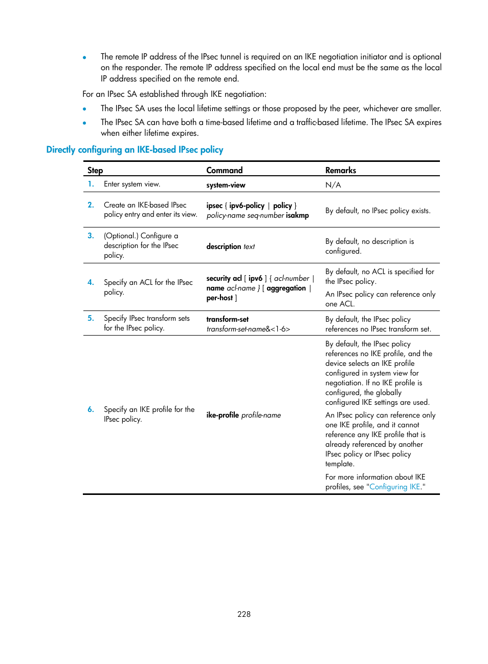 Directly configuring an ike-based ipsec policy | H3C Technologies H3C S6300 Series Switches User Manual | Page 243 / 413