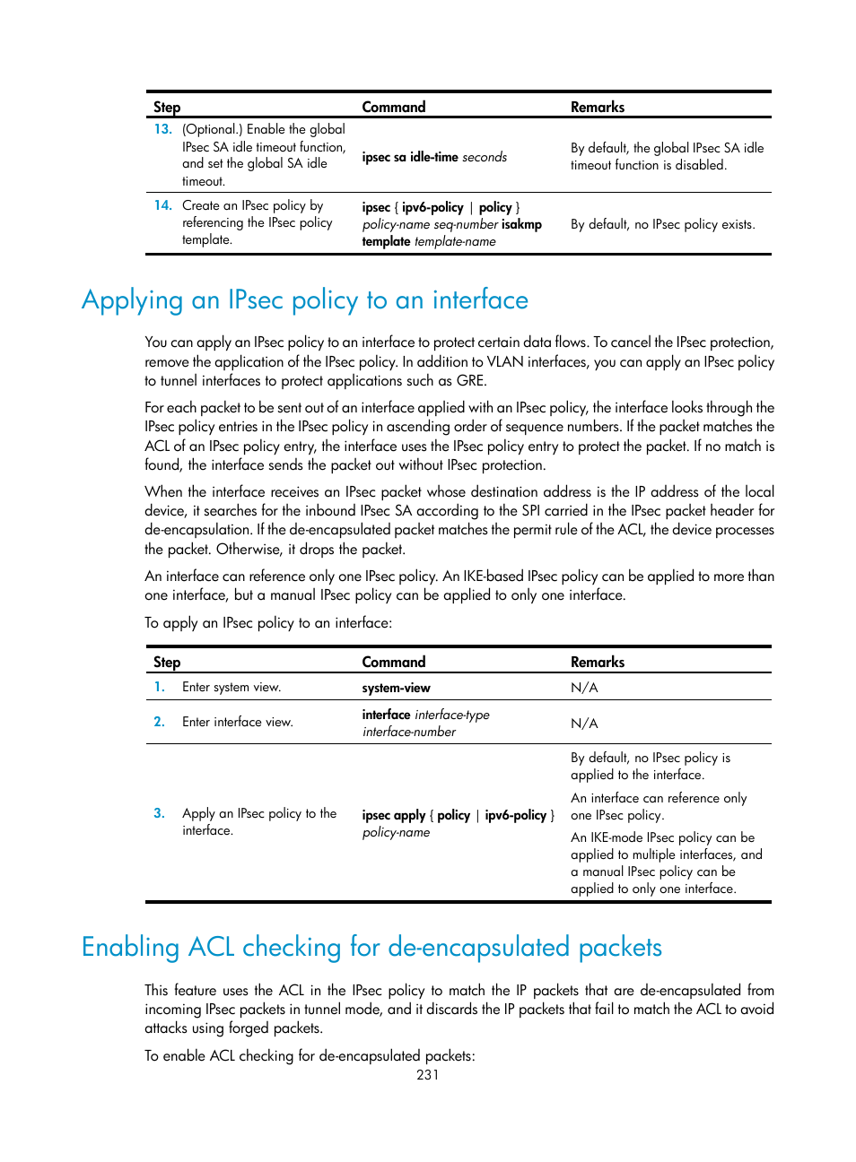 Applying an ipsec policy to an interface, Enabling acl checking for de-encapsulated packets, Required.) | H3C Technologies H3C S6300 Series Switches User Manual | Page 246 / 413