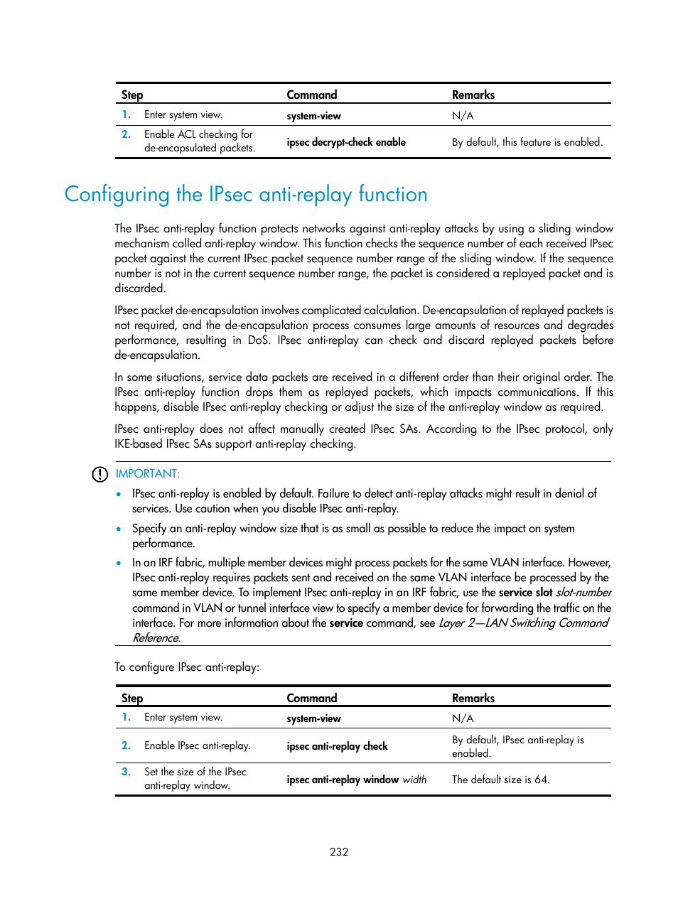 Configuring the ipsec anti-replay function | H3C Technologies H3C S6300 Series Switches User Manual | Page 247 / 413