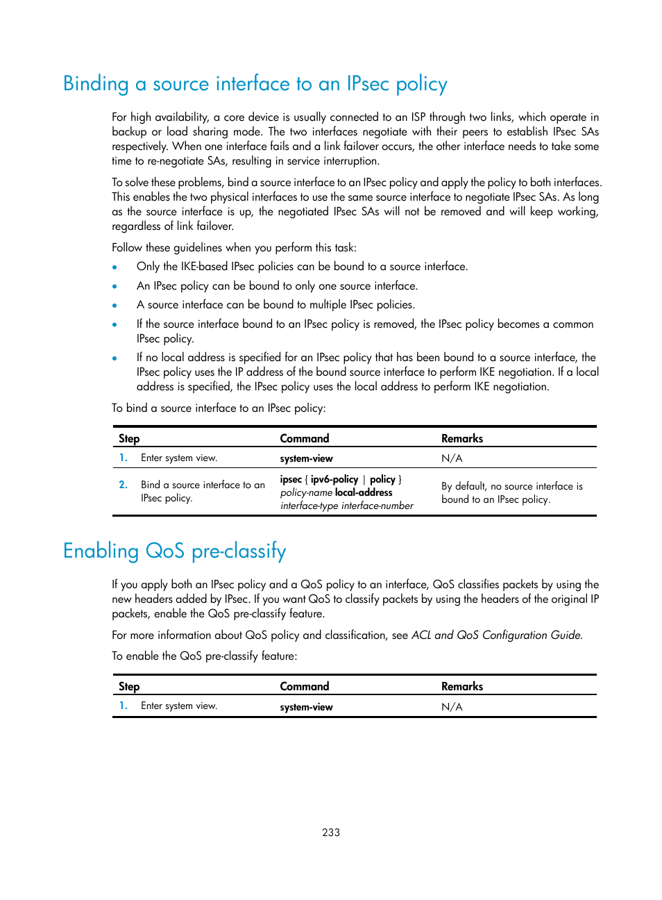 Binding a source interface to an ipsec policy, Enabling qos pre-classify | H3C Technologies H3C S6300 Series Switches User Manual | Page 248 / 413